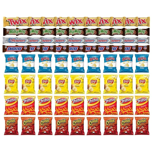 Twix, MilkyWay, 3 Musketeers, Snickers Full Size Chocolate Bars & Ruffles, Lays Classic, Cheetos Crunchy and Fritos Original Mix Snack Verity Pack of 80