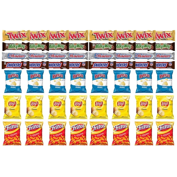 Twix, MilkyWay, 3 Musketeers, Snickers Full Size Chocolate Bars & Ruffles, Lays Classic and Fritos Original Mix Snack Verity – Pack of 56