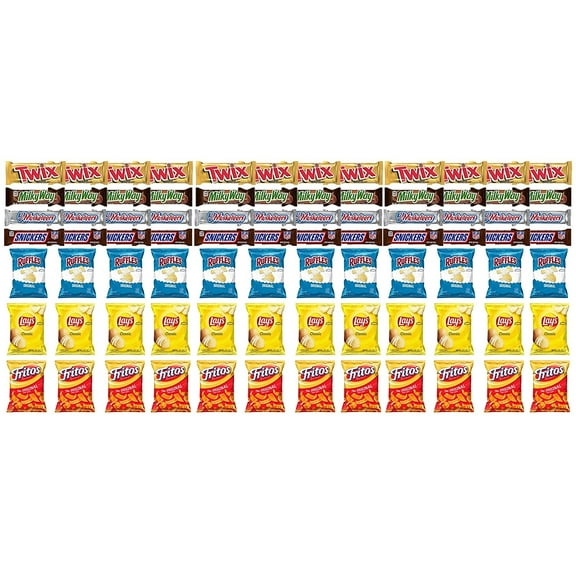 Twix, MilkyWay, 3 Musketeers, Snickers Full Size Chocolate Bars & Ruffles, Lays Classic and Fritos Original Mix Snack Verity Pack of 84