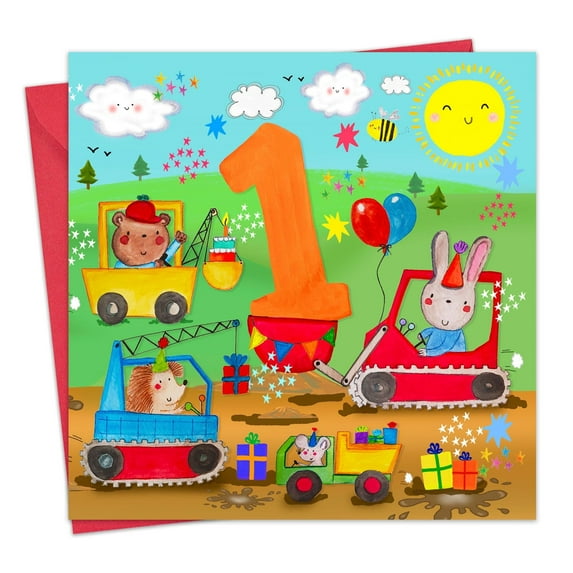 Twizler 1st Birthday Card for Boys - Diggers - Age 1 Year Old Childrens Happy Birthday Card for Kids