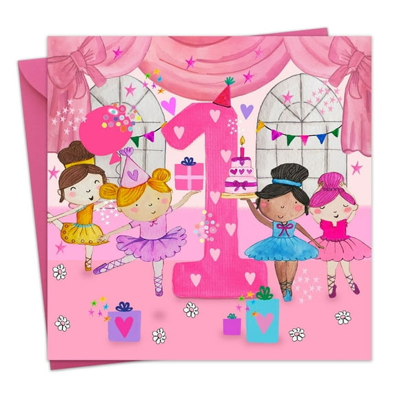 Twizler 1st Birthday Card for Girls - Ballerina Ballet Dancers - Age 1 Year Old Childrens Happy Birthday Card for Kids