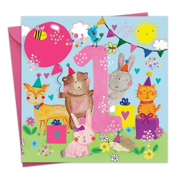 Twizler 1st Birthday Card for Girls - Woodland Animals - Children's Age 1 Happy Birthday Greeting Card for Daughter Granddaughter Niece Kids