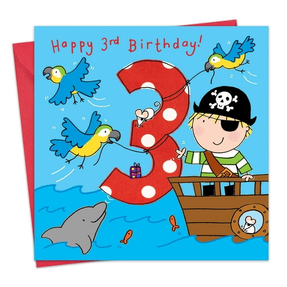 Twizler 3rd Birthday Card for Boys - Pirate - Children's Age 3 Happy Birthday Greeting Card for Son Grandson Nephew Kids