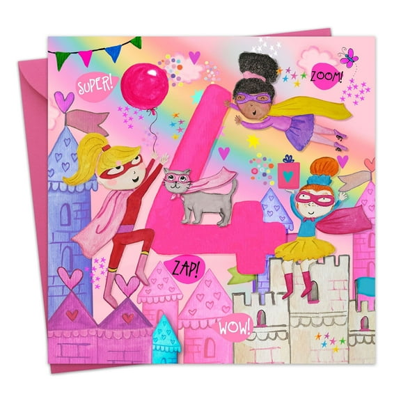 Twizler 4th Birthday Card for Girls - Superhero - Age 4 Year Old Childrens Happy Birthday Card for Kids