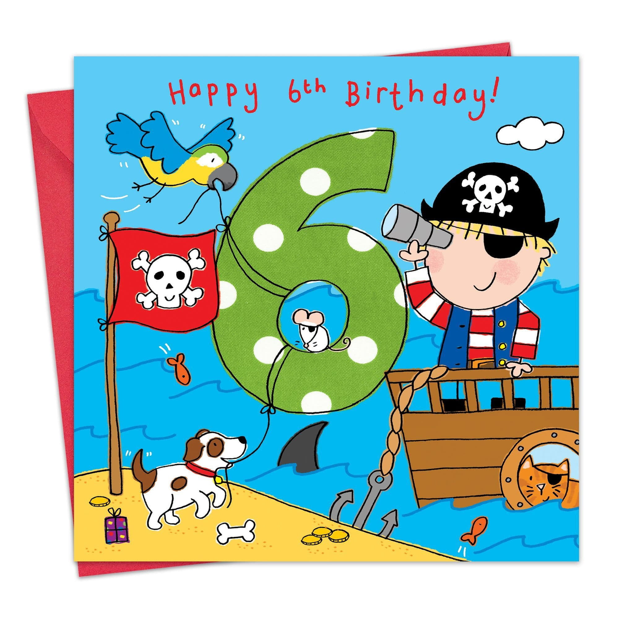 Twizler 6th Birthday Card for Boys - Pirate - Children's Age 6 Happy Birthday Greeting Card for Son Grandson Nephew Kids