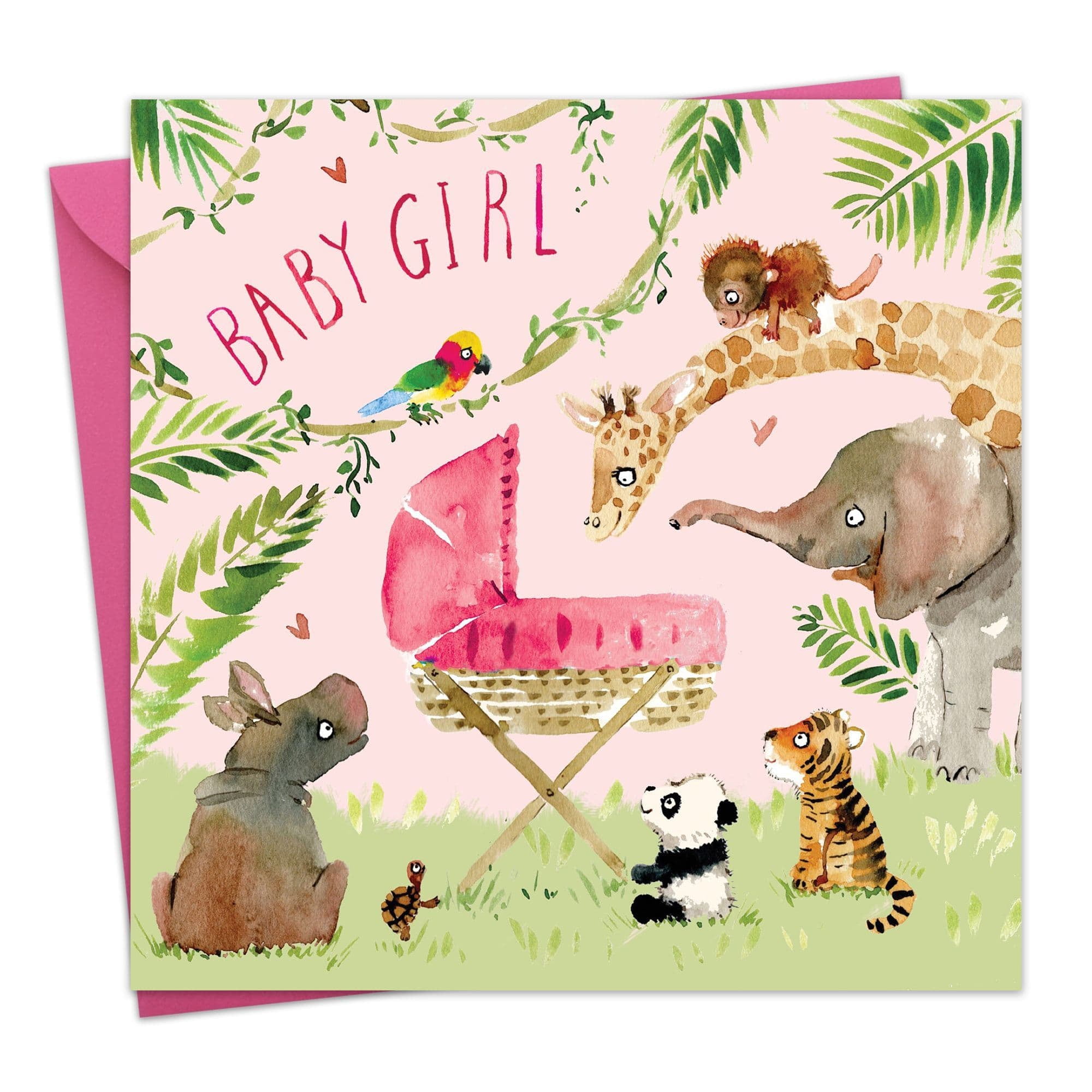 Twizler New Baby Girl Card - Pink Crib and Jungle Animals - Girls Baby Shower Greeting Card - Congratulations New Parents