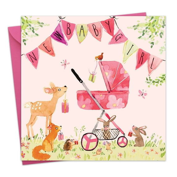 Twizler New Baby Girl Card - Pink Crib and Woodland Animals - Girls Baby Shower Greeting Card - Congratulations New Parents