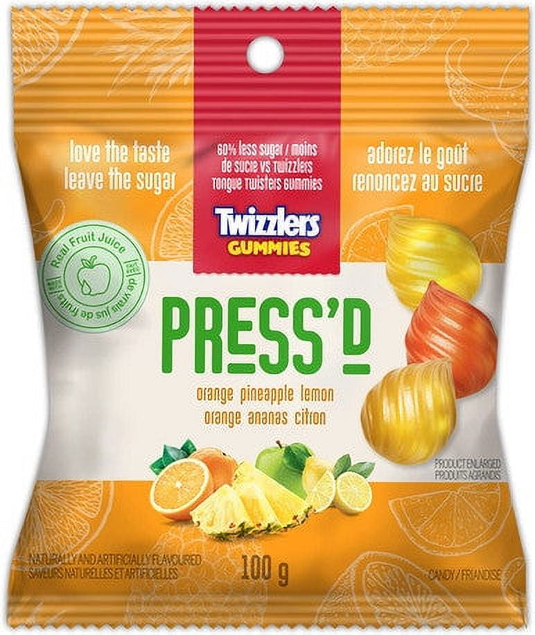 Twizzlers Press'd Fruit Gummies, Orange, Pineapple & Lemon Flavors, 100g/3.5 oz., Bag