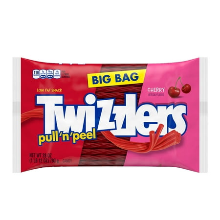 TWIZZLERS PULL 'N' PEEL Cherry Flavored Licorice Style, Low Fat Candy Big Bag, 28 oz