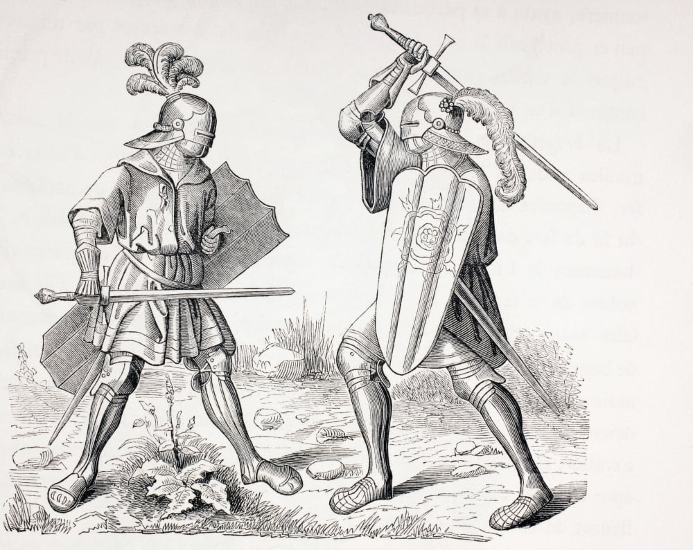 Two 15Th Century Fully Armoured Knights Fighting With Swords And Shields From Les Artes Au Moyen Age Published Paris 1873 Canvas Art - Ken Welsh Design Pics (32 x 26)