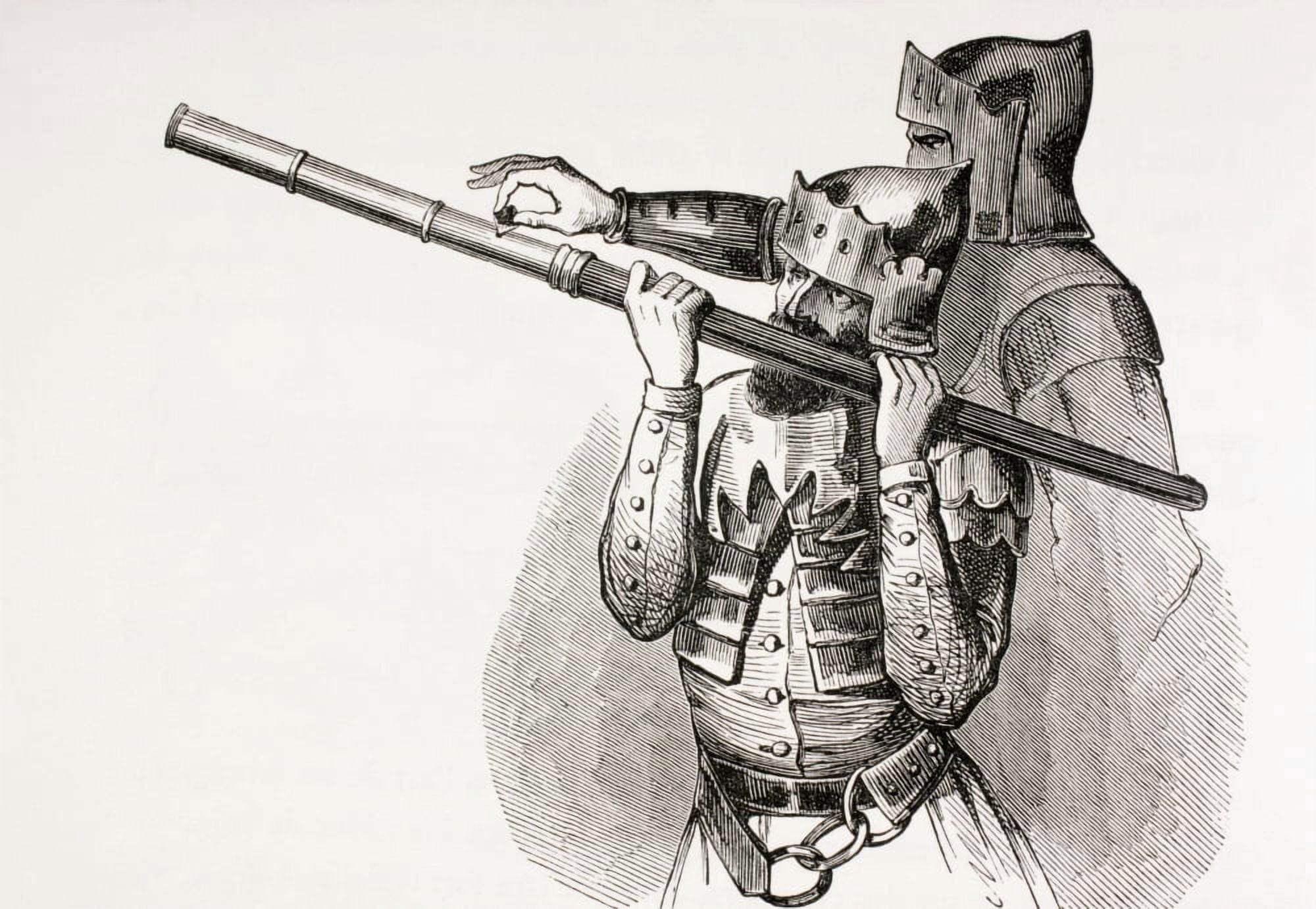 Two 15Th Century Soldiers With A Hand Gun Or Firing Baton From Les Artes Au Moyen Age Published Paris 1873 Canvas Art - Ken Welsh Design Pics (34 x 24)