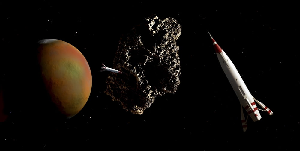 Two 1950s styled spaceships rendezvous near Mars and its moon Deimos Canvas Art - Frank HettickStocktrek Images (40 x 21)