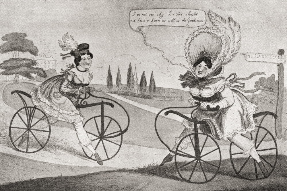 Two 19th century English ladies on bicycles From Illustrierte Sittengeschichte vom Mittelalter bis zur Gegenwart by Eduard Fuchs published 1909 Canvas Art - Ken Welsh Design Pics (34 x 22)