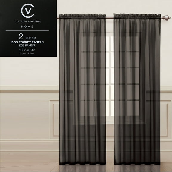 Two (2) Black Sheer Rod Pocket Window Curtain Panels: 108"W x 84"L, Fully Hemmed