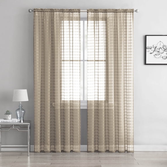 Two (2) Piece Sheer Rod Pocket Window Curtain Panel: 110" W X 90" L, Plaid/Check Design (Taupe)
