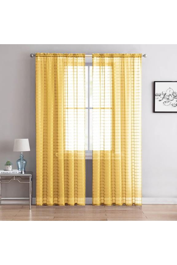 Two (2) Piece Sheer Rod Pocket Window Curtain Panel: 110" W X 90" L, Plaid/Check Design (Yellow)
