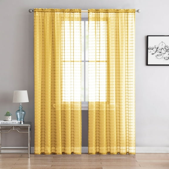 Two (2) Piece Sheer Rod Pocket Window Curtain Panel: 110" W X 90" L, Plaid/Check Design (Yellow)