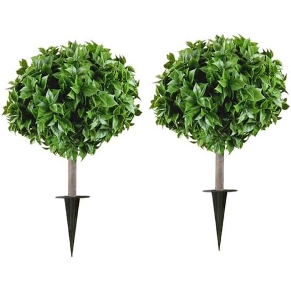 Two 20-inch Artificial Green Leaf Trees with UV Protection for Potted Plants, Two-Piece Set, with Ground Anchors, Artificial Shrubbery for Porch, Common Evergreen Trees, Indoor and Outdoor Greenery.