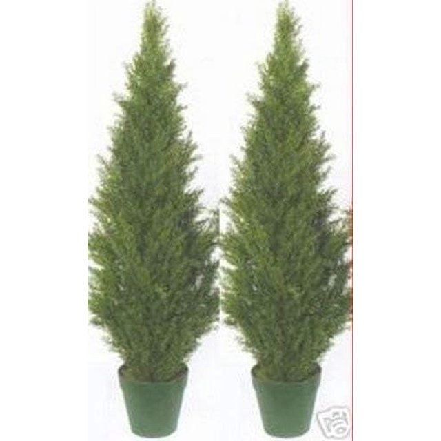 Two 4 Foot Artificial Topiary Cedar Trees Potted Indoor Outdoor Plants