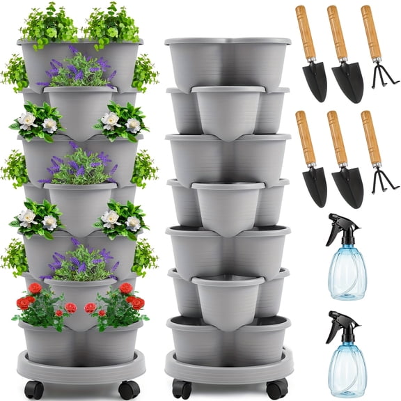 Two 7-Tier Stackable Vertical Planters with Removable Wheels and Tools, Tower Garden Pots for Strawberries, Herbs, Flowers, and Vegetables Indoors or Outdoors