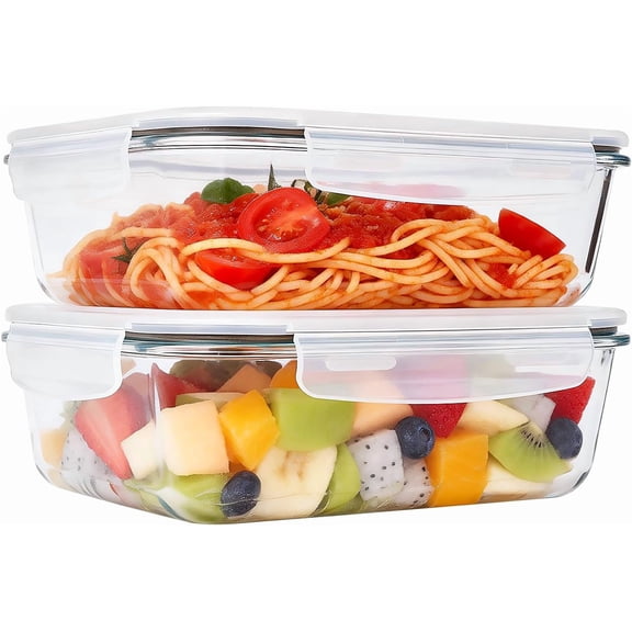 Two 78 oz/9.8 cup large-capacity glass food storage containers with lids, made of borosilicate glass, suitable for food preparation, leak-proof, microwave, refrigerator, and dishwasher safe.