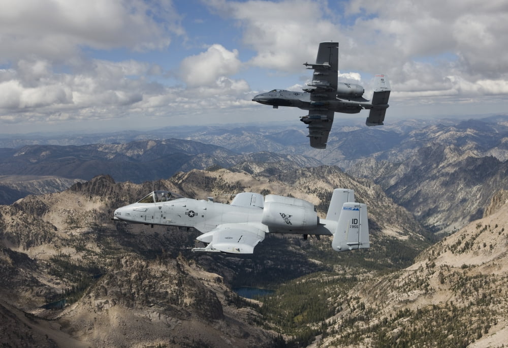 Two A-10 Thunderbolts fly over the mountains in Central Idaho Canvas Art - HIGH-G ProductionsStocktrek Images (35 x 24)