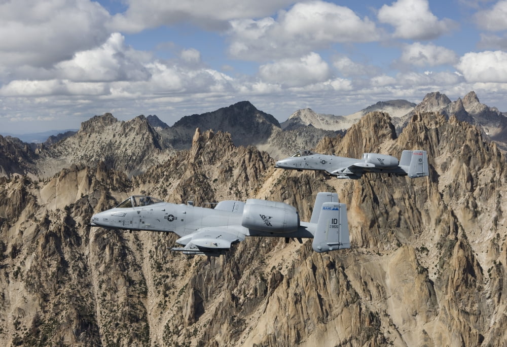 Two A-10 Thunderbolts fly over the mountains in Central Idaho Canvas Art - HIGH-G ProductionsStocktrek Images (35 x 24)