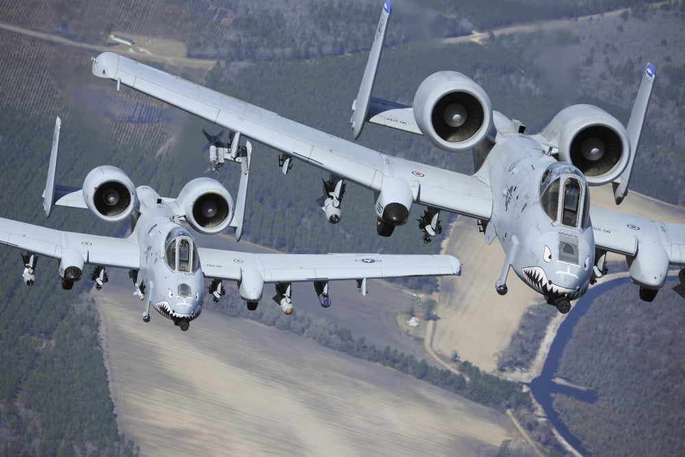 Two A-10C Thunderbolt II aircraft fly in formation Canvas Art - Stocktrek Images (34 x 23)