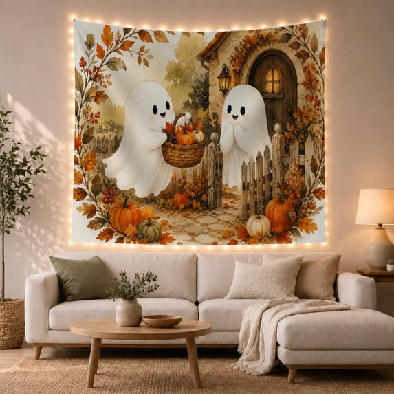 Two Adorable Ghosts with Pumpkins by a Rustic Cottage Gate Whimsical Illustration for Kids Decorative Art Print, Halloween Gift Tapestry Wall Hanging for Bedroom and Nursery