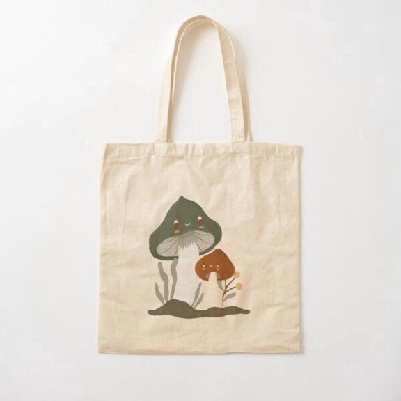 Two Adorable Mushroom Friends Chilling In A Forest. Canvas Tote Bags, Reusable Shopping Bag