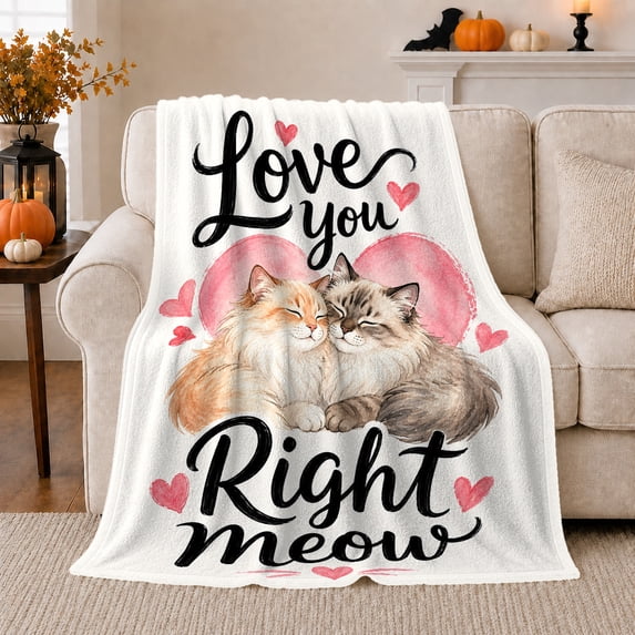 Two Affectionate Cats Snuggling Pink Watercolor Heart Romantic, Cozy Pet Portrait Pattern, Warm Flannel Blanket for Living Room and Bedroom, Cat Lovers Valentine's Day Gift, Pet Lover Home Decor
