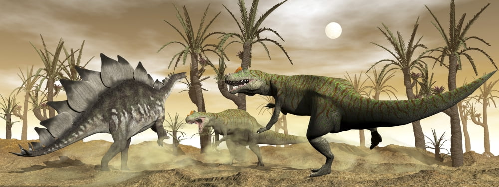 Two Allosaurus dinosaurs attack a lone Stegosaurus in the desert Canvas Art - Elena DuvernayStocktrek Images (46 x 18)