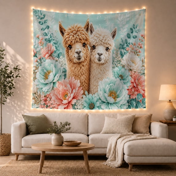 Two Alpacas with Flowers Against Turquoise Background Playful Farmhouse for Animal Lovers Farmhouse Wall Art Birthday Gift Tapestry Wall Hanging for Nursery and Living Room