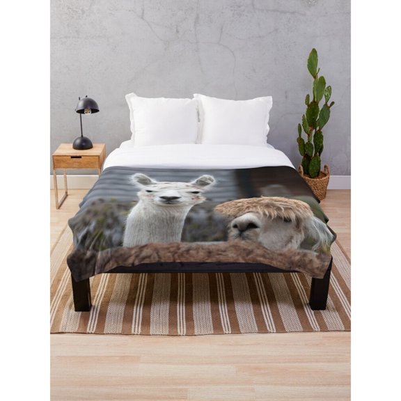 Two Alpacas in Rocky Landscape Gray and Tan Fleece Blanket, Polyester Fleece Fabric, 280 GSM, Rustic Animal Style