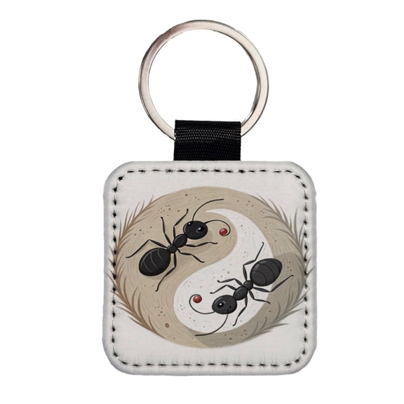 Two Ants Yin Yang Faux Leather Square Keychain
