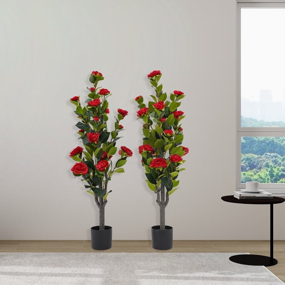 Two Artificial Tea Rose Potted Plants With Red PE Simulation Tea Rose Tree 97cm For Indoor Decoration