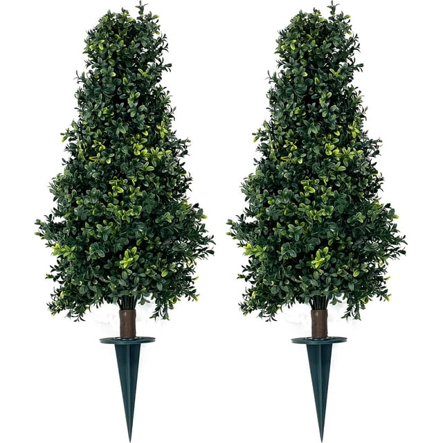 Two Artificial UV Rated 30'' Boxwood Cone Topiary w/Spike, Silk Tree