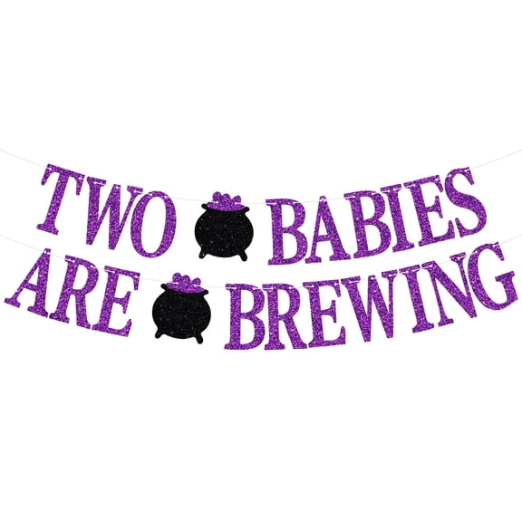 Two Babies Are Brewing Banner, Halloween Twins Baby Shower Hanging Decorations, Halloween Witch Twins 1st Birthday Gender Reveal Party Decorations Supplies Purple Glitter