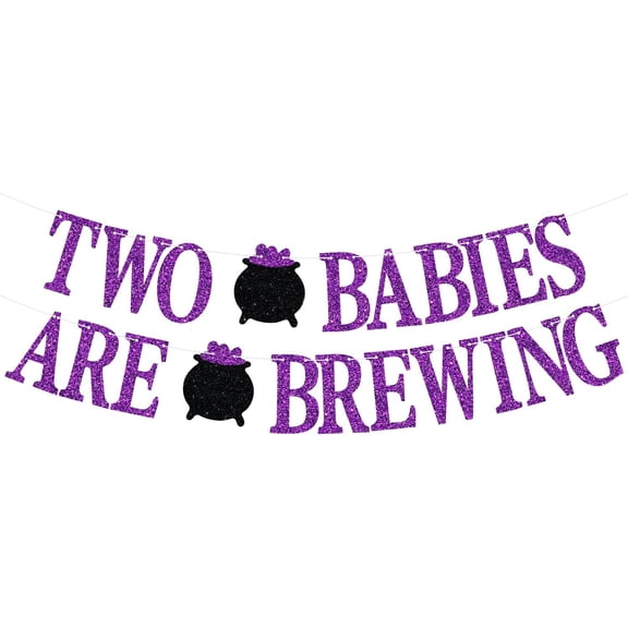Two Babies Are Brewing Banner, Halloween Twins Baby Shower Hanging Decorations, Halloween Witch Twins 1st Birthday Gender Reveal Party Decorations Supplies Purple Glitter