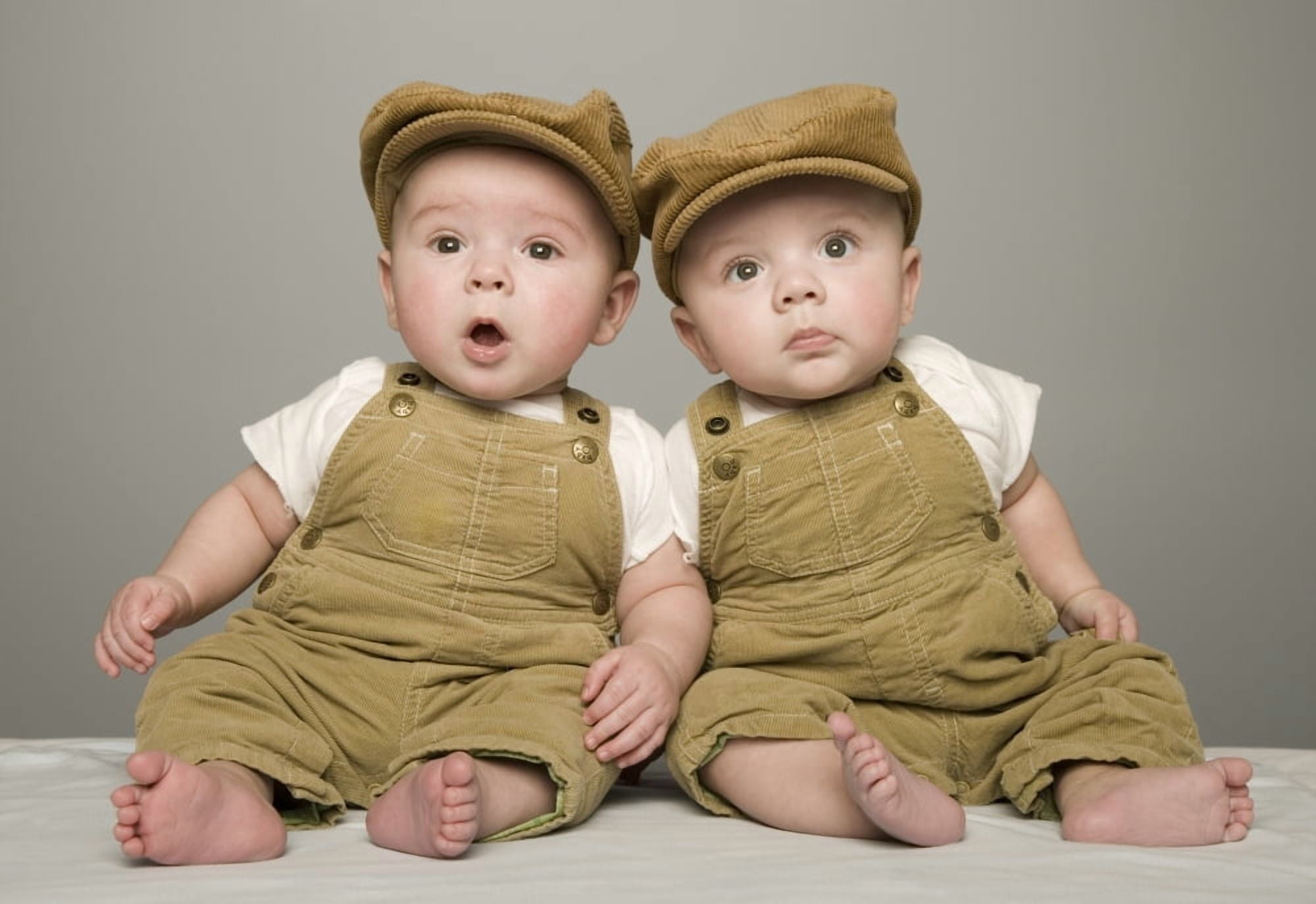 Two Babies In Matching Hat And Overalls Canvas Art - Kelly Redinger Design Pics (36 x 24)