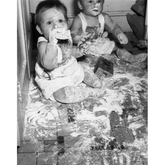 Two Babies Sitting on the Floor Covered in Flour Poster Print - 18 x 24 in.