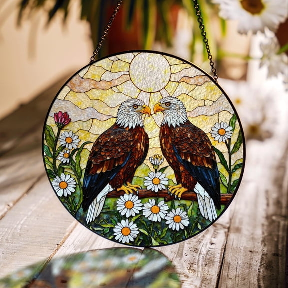 Two Bald Eagles on Branch Stained Glass Suncatcher Nature Window Decor Gift for Bird Lovers