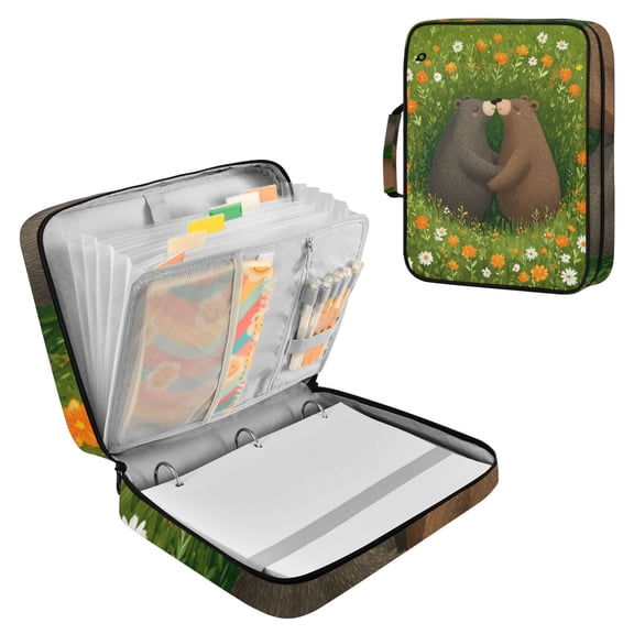 Two Bears Surrounded by Flowers Spring Accordion File Organizer Expanding File Folder 3-Ring Binder Bag 500 Sheets A4 Size