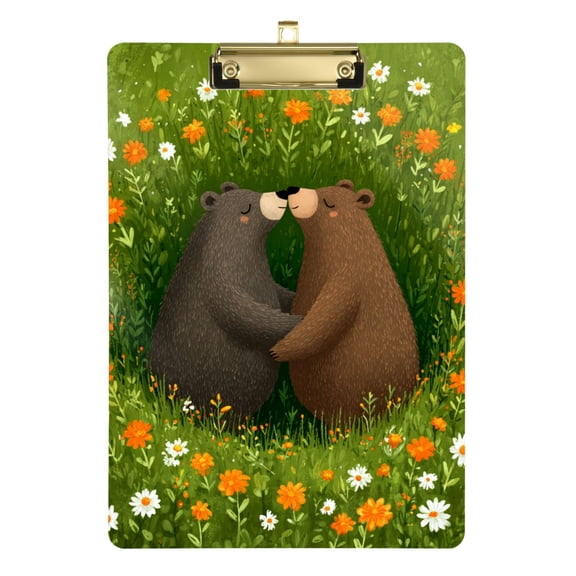 Two Bears Surrounded by Flowers Spring Acrylic Clipboard Drawing Board with Hook Writing Pad File Storage A4 Size Gold 12.5" x 9"