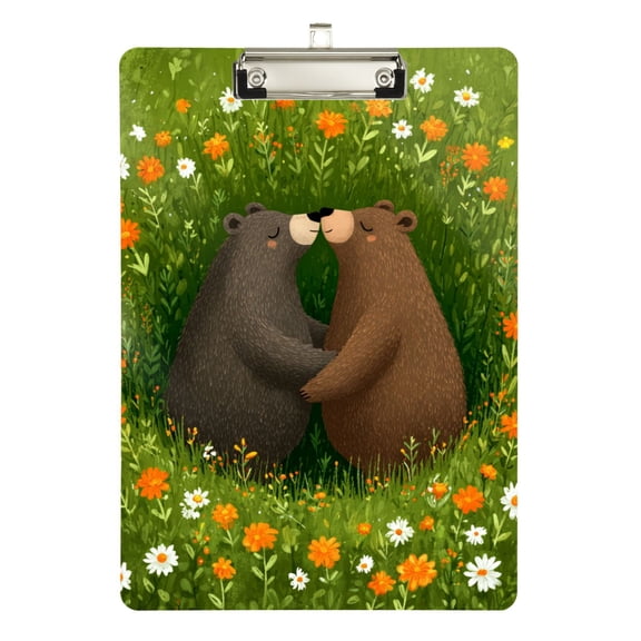 Two Bears Surrounded by Flowers Spring Acrylic Clipboard Drawing Board with Hook Writing Pad File Storage A4 Size Silver 12.5" x 9"