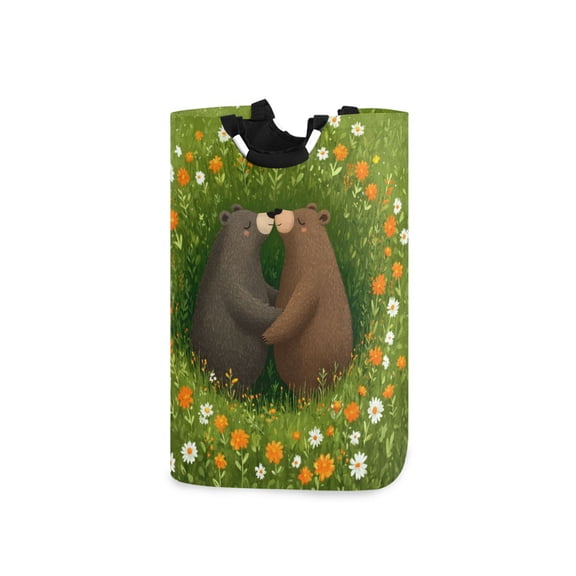 Two Bears Surrounded by Flowers Spring Laundry Basket with Handles Foldable Laundry Hamper Freestanding Washing Bin 50L
