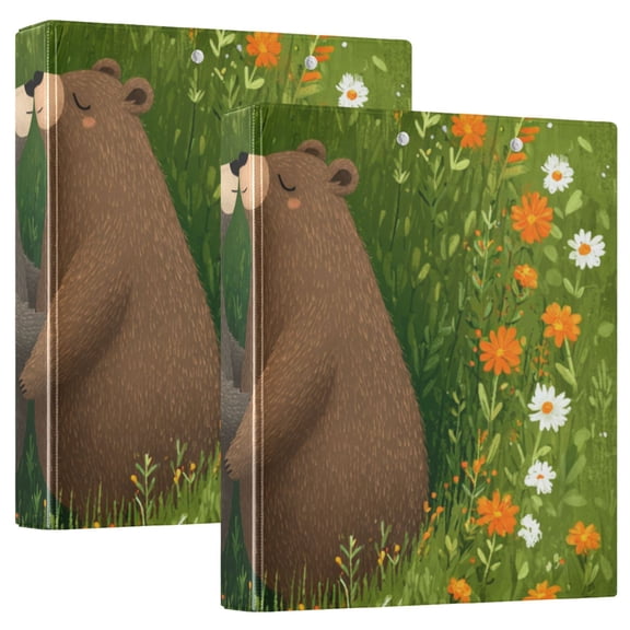Two Bears Surrounded by Flowers Spring Round Ring Binder 3 Rings 1.5" Capacity File Storage for A4 Size 1 Pack