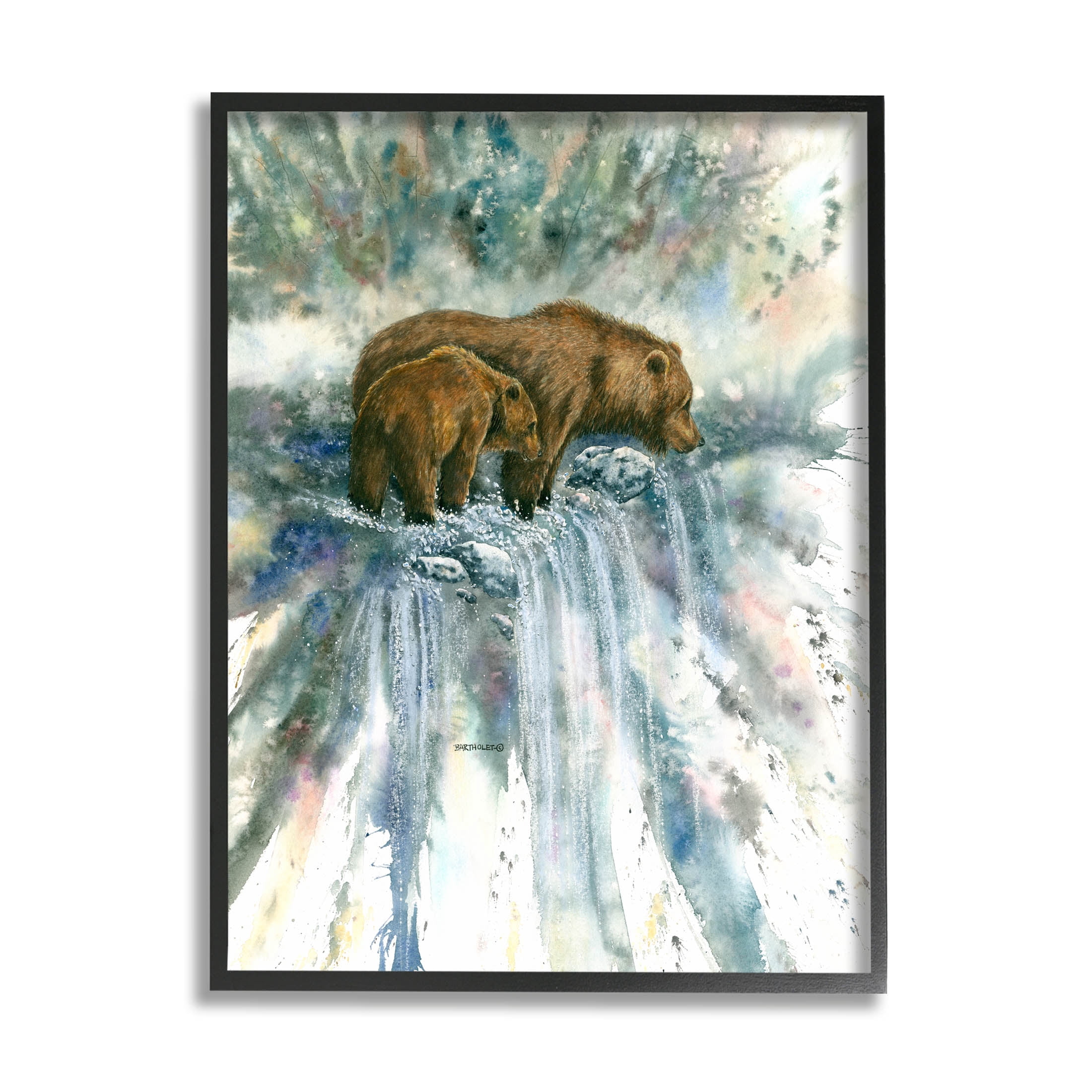 Two Bears Waterfall Nature Animals & Insects Graphic Art Black Framed Art Print Wall Art
