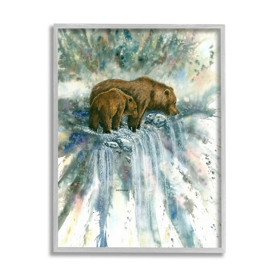 Two Bears Waterfall Nature Animals & Insects Graphic Art Gray Framed Art Print Wall Art