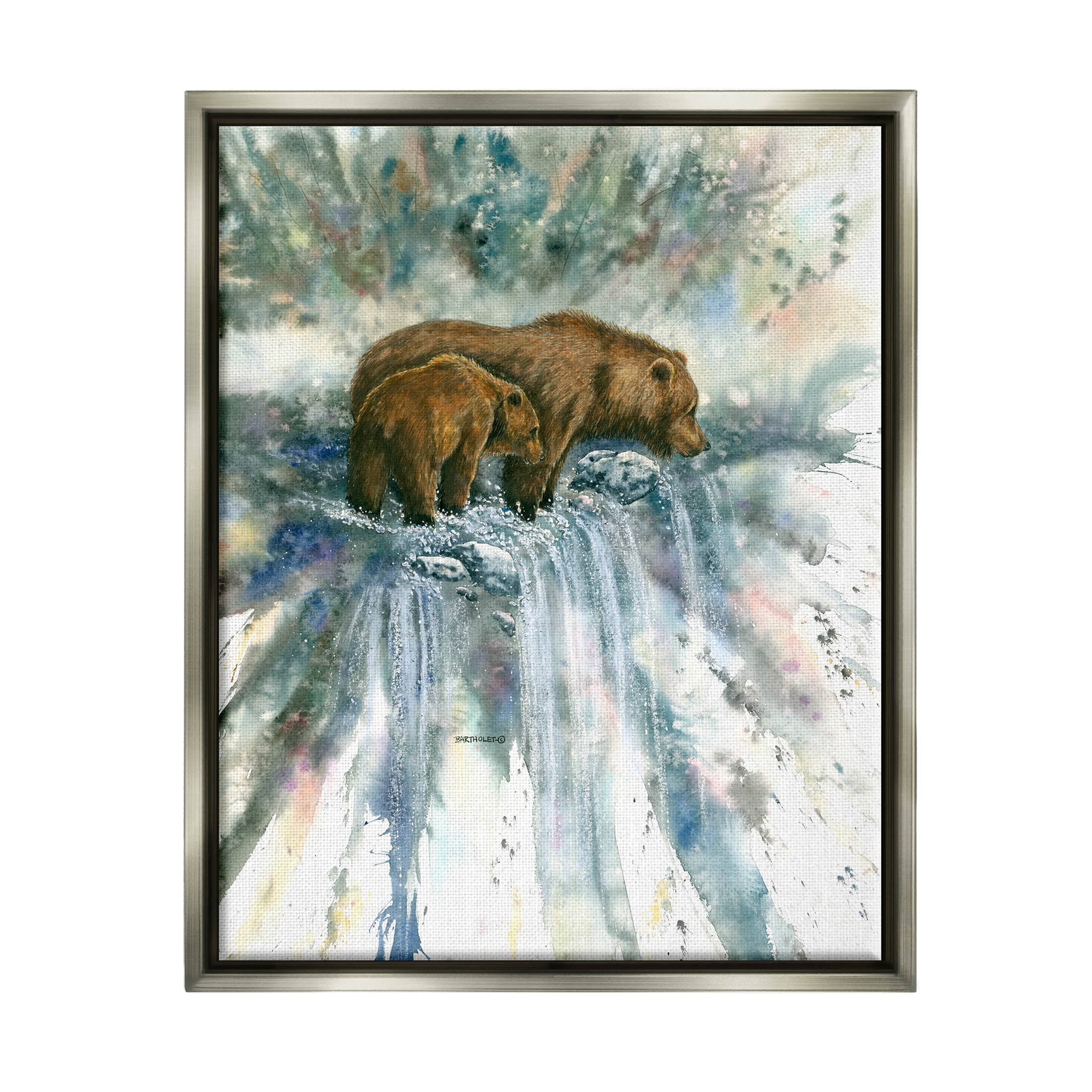 Two Bears Waterfall Nature Animals & Insects Graphic Art Luster Gray Framed Art Print Wall Art